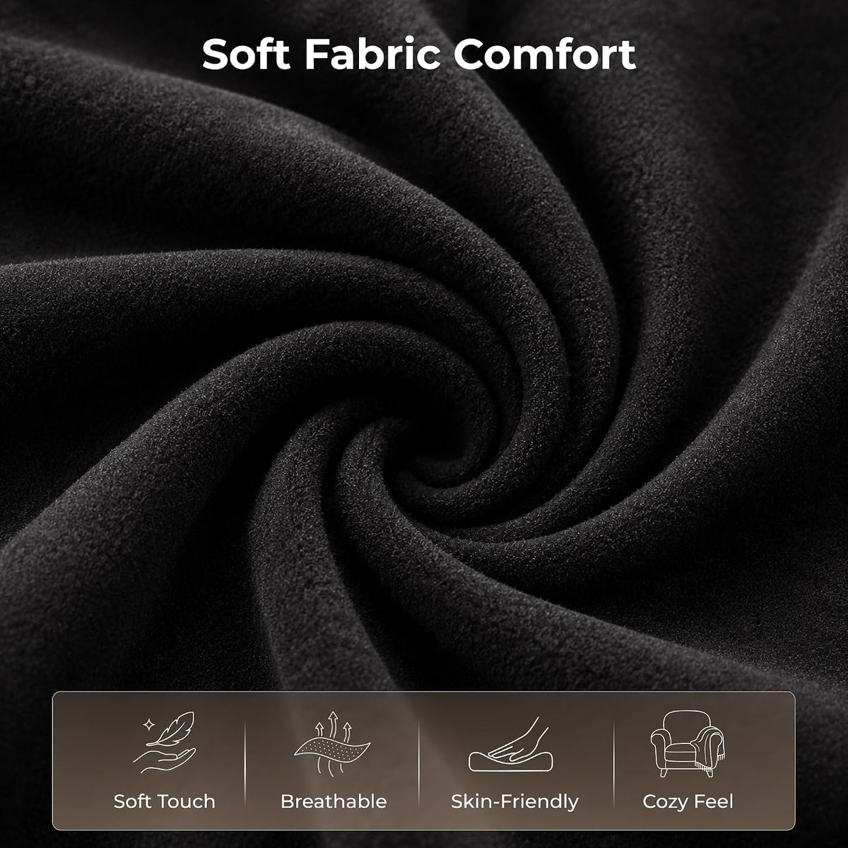 Swirled close-up of soft black upholstery fabric showing fine nap and dense weave