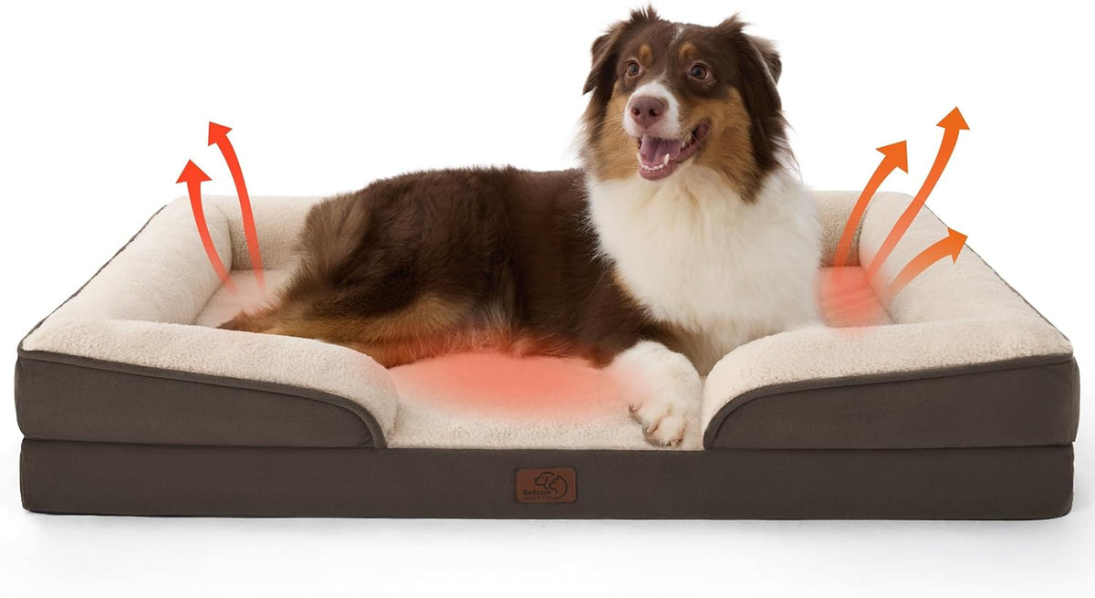 Brown bed with cream interior showing a brown-and-white dog and orange arrows indicating airflow/warmth
