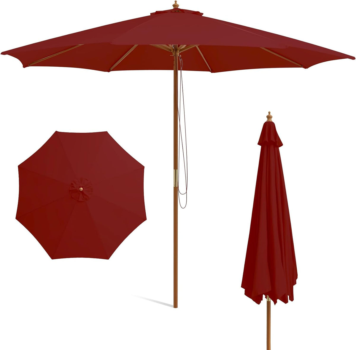 Red umbrella open from front, showing bamboo pole, rope pulley and finial; folded and top-down insets at sides.