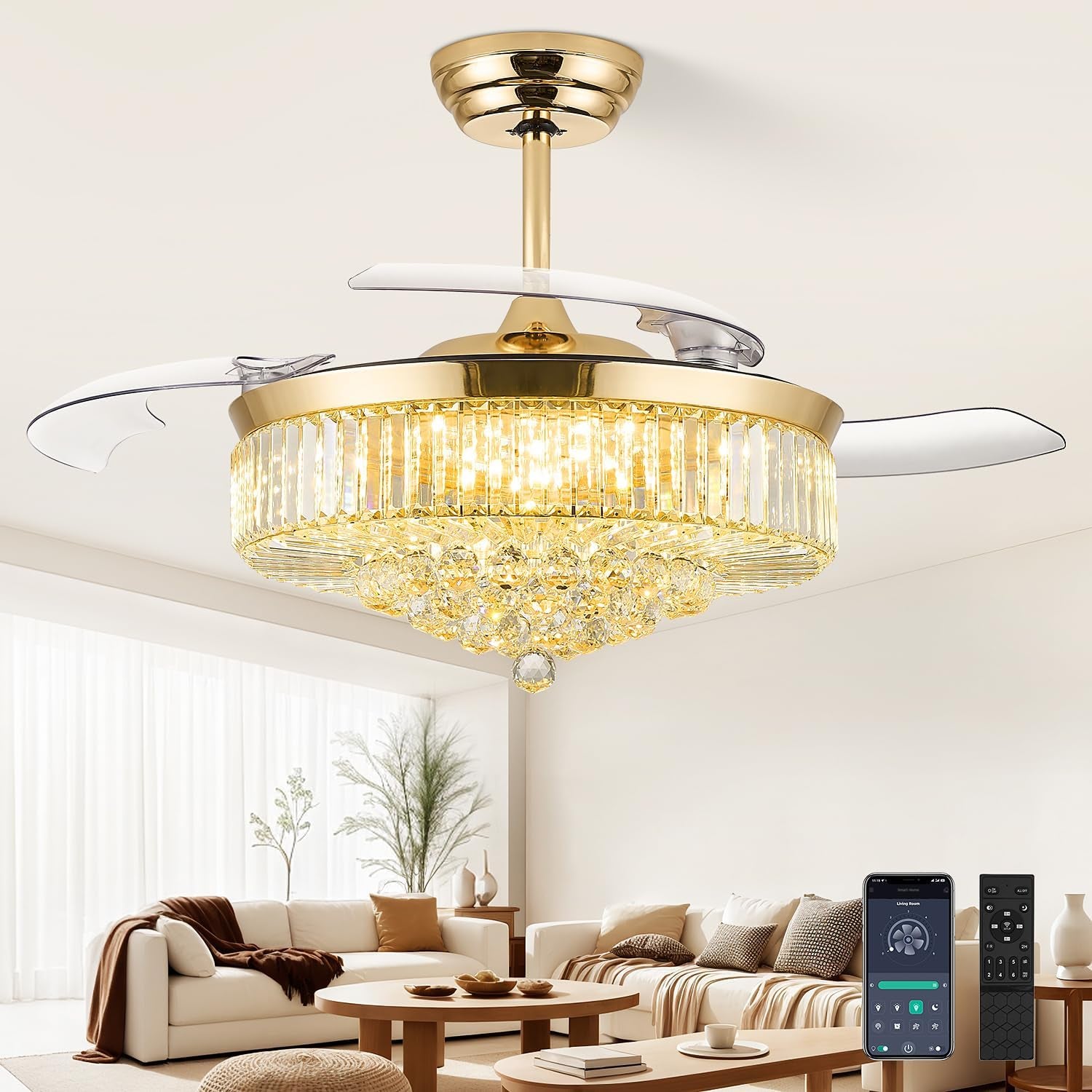 Gold finish fandelier installed in a bright living room with phone app and remote shown.