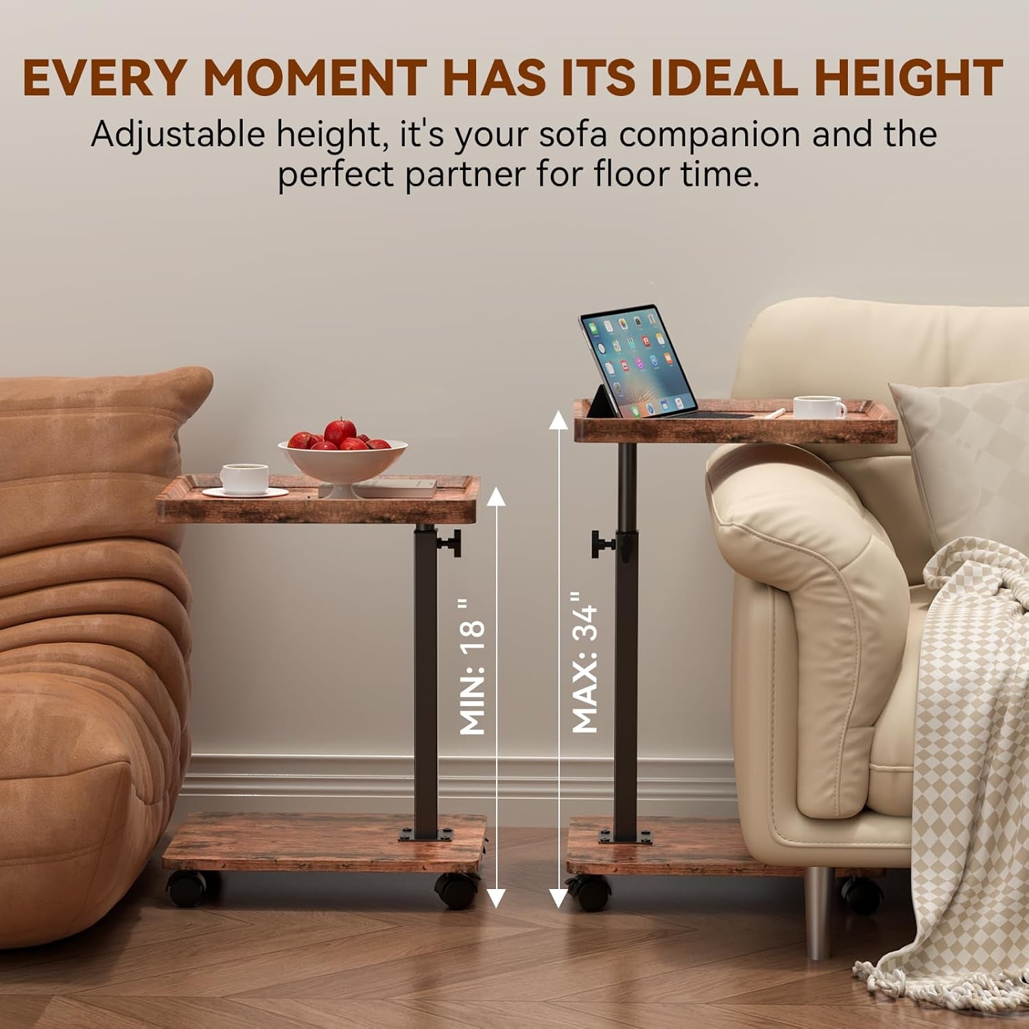 Two C-shaped tables at different heights beside sofas illustrating minimum and maximum heights