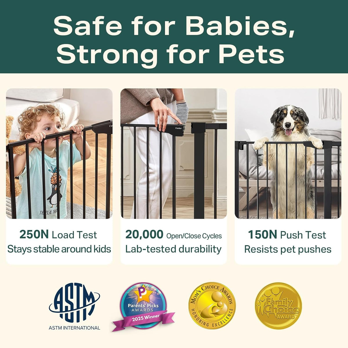 Three-panel graphic: a toddler gripping the gate, a hand operating the latch, and a dog standing with front paws on the gate.