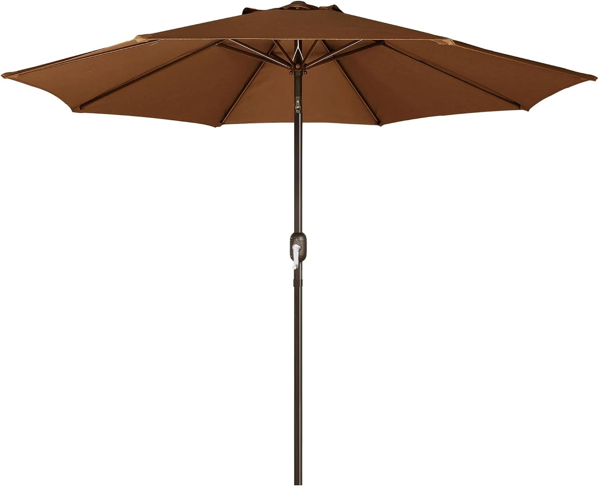 Brown 9' patio umbrella front view against a white background showing canopy and pole