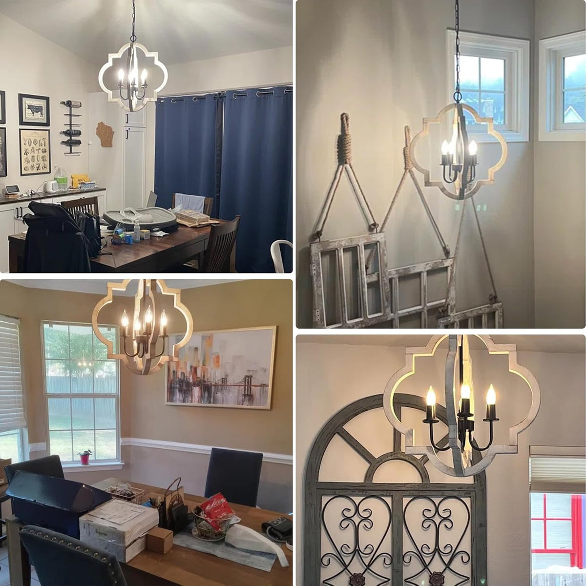 Four customer photos showing the chandelier hung in different home rooms and angles, both near windows and above a dining