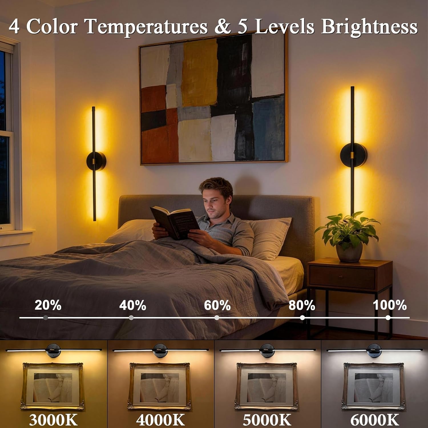 Bedroom scene illustrating dimming levels and four color temperatures for the vertical wall sconces at 20–100% brightness.