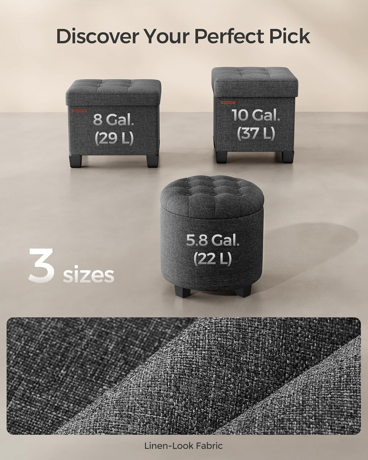 Three ottoman size options displayed on a floor with linen-look fabric close-up texture
