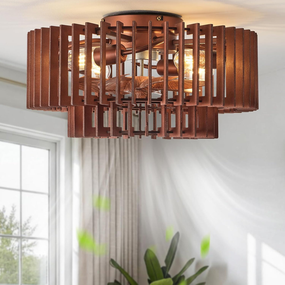 Brown wood caged flush-mount ceiling fan close-up underside view showing wood blades and E26 sockets