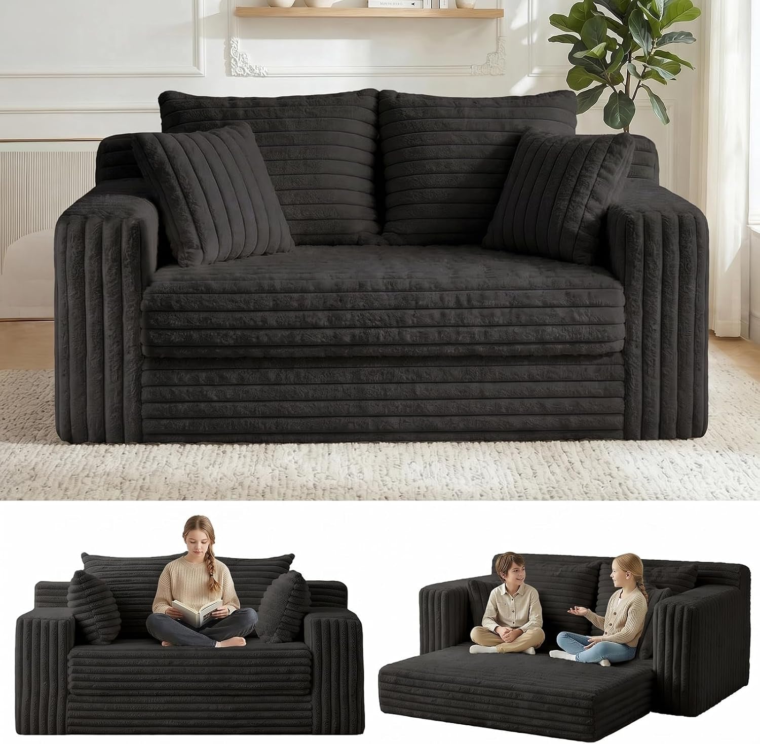 3-In-1 Convertible Sofa Bed: Boneless Loveseat Sleeper & Folding Couch Bed with 4 Pillows & Detachable Cushion,Furry Futon Couch for Bedroom,Apartment,Office and Living Room, No Assembly,Black