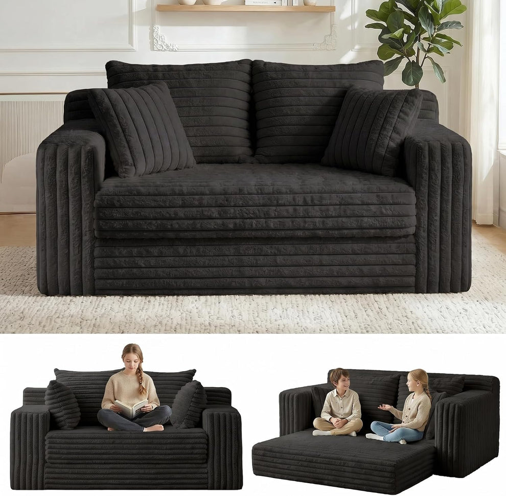 3-In-1 Convertible Sofa Bed: Boneless Loveseat Sleeper & Folding Couch Bed with 4 Pillows & Detachable Cushion,Furry Futon Couch for Bedroom,Apartment,Office and Living Room, No Assembly,Black