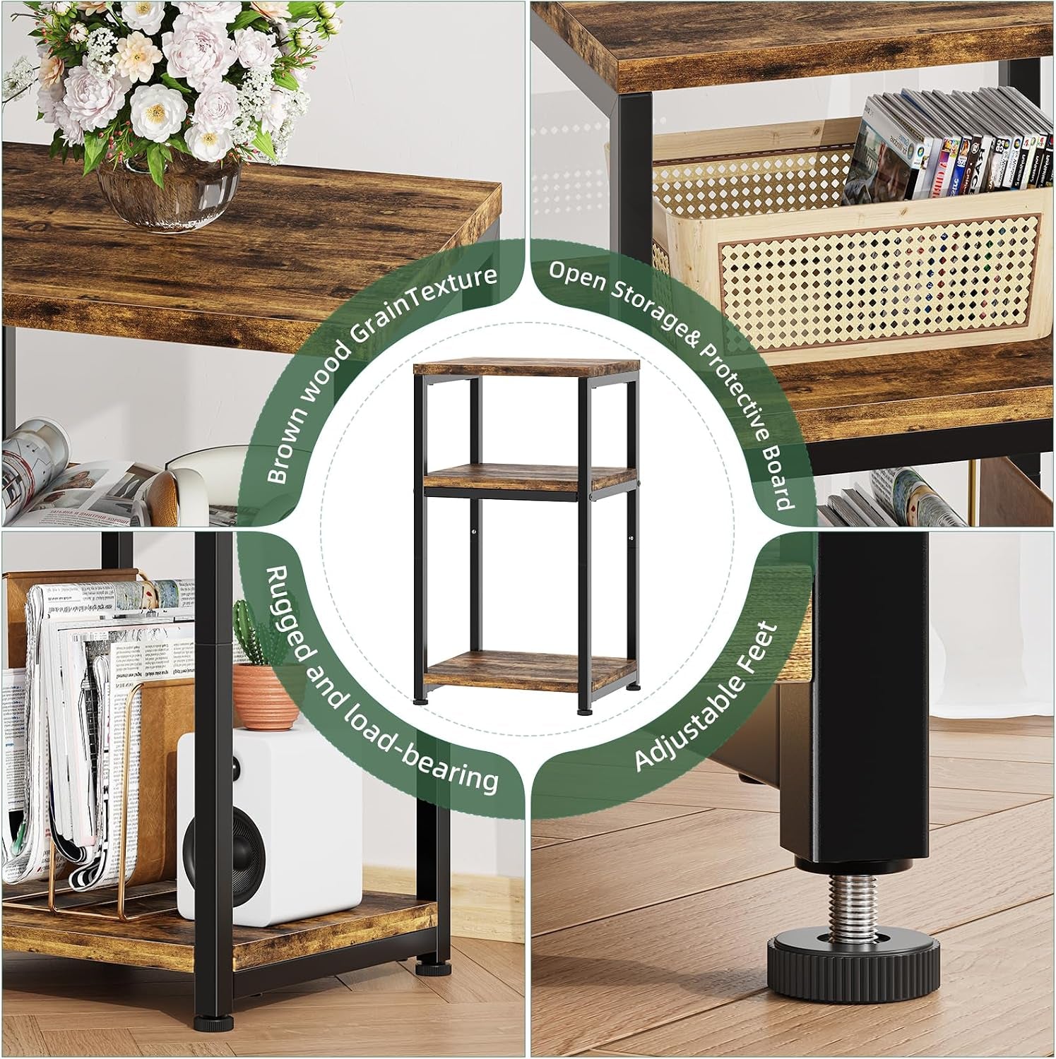 Collage of the three-tier rustic brown end table showing full product, wood grain shelves, adjustable foot and storage