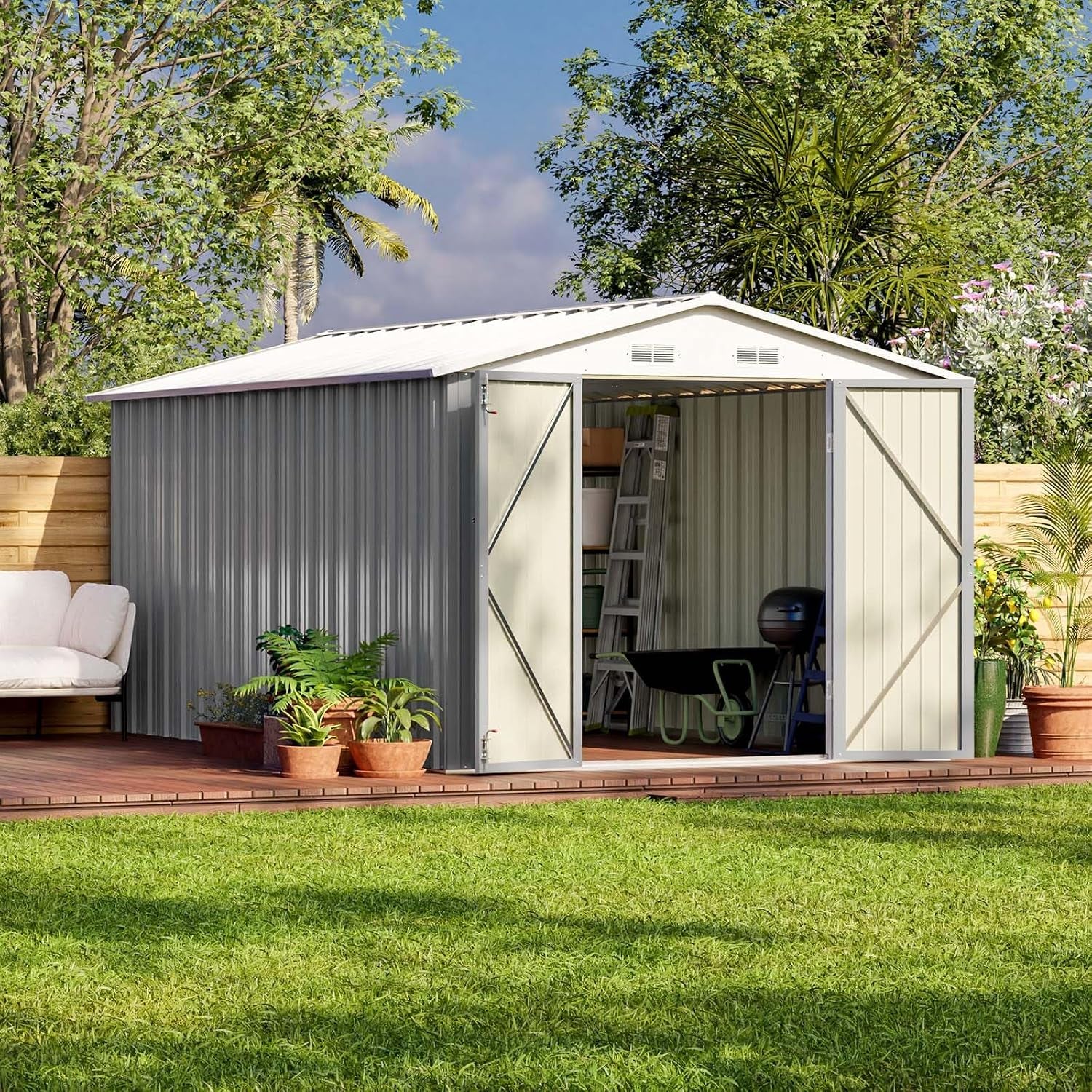 Garden scene showing a metal storage shed with open double doors, potted plants and seating nearby.