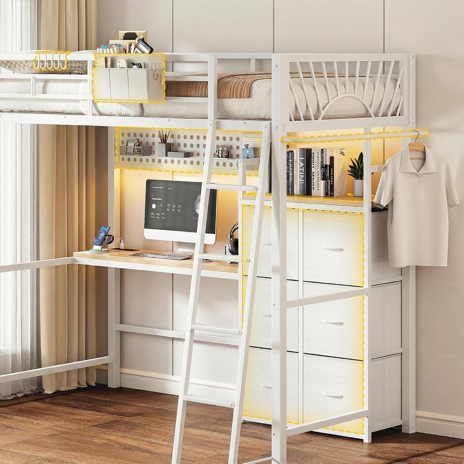 Side view of the loft bed showing the ladder, built-in desk, shelving and highlighted storage areas with hanging rail.