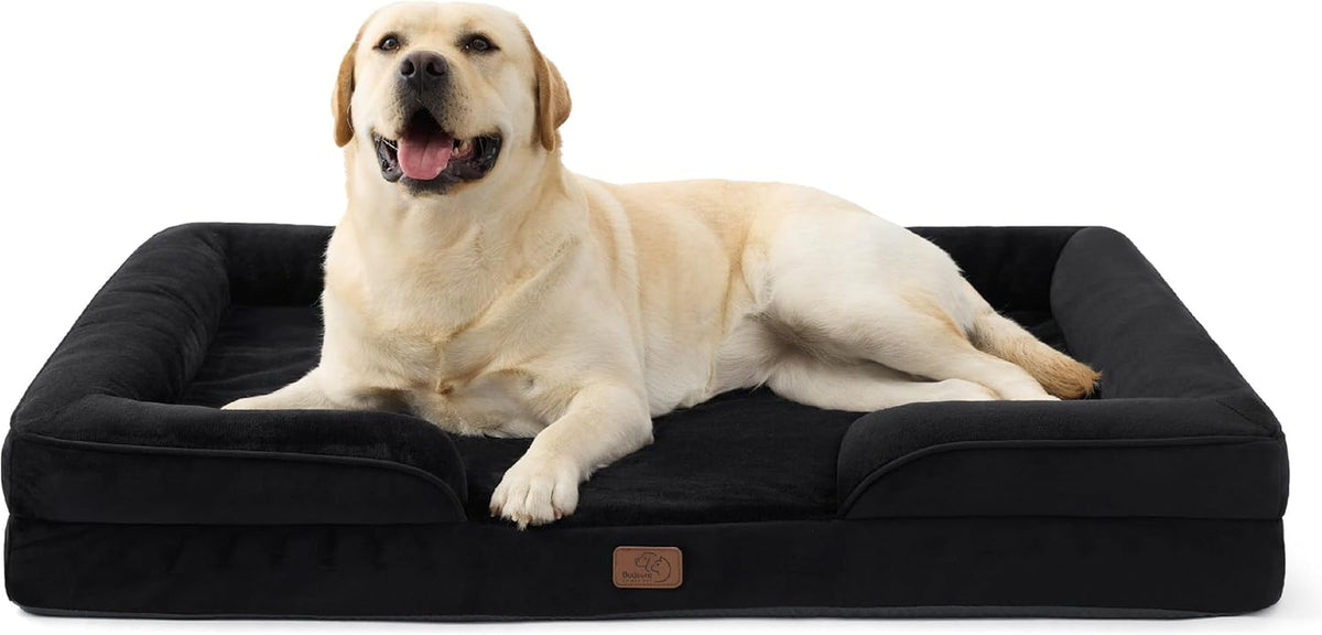 Front view of a black rectangular bolstered dog bed with a yellow Labrador lying inside, white background