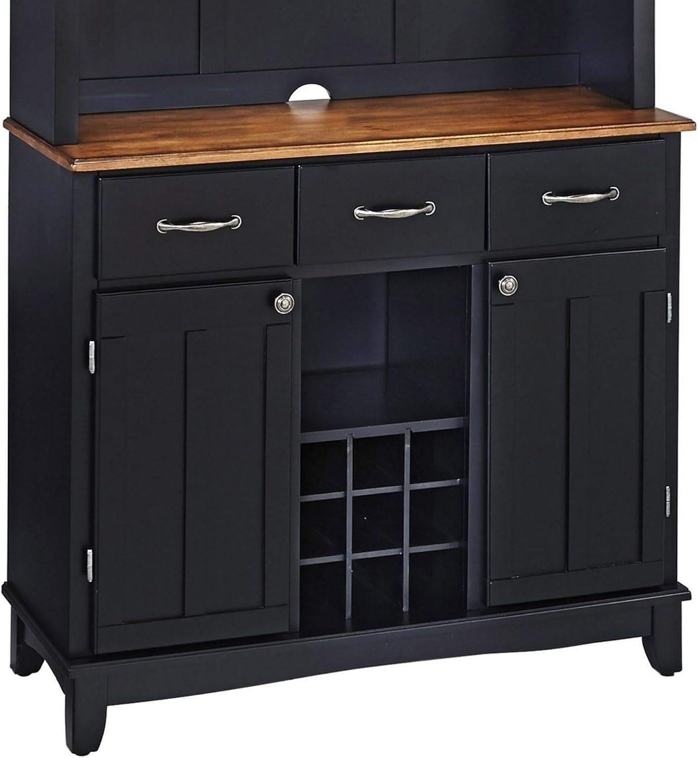 Front view of buffet base with three drawers, two doors and a nine-slot wine rack in the center.