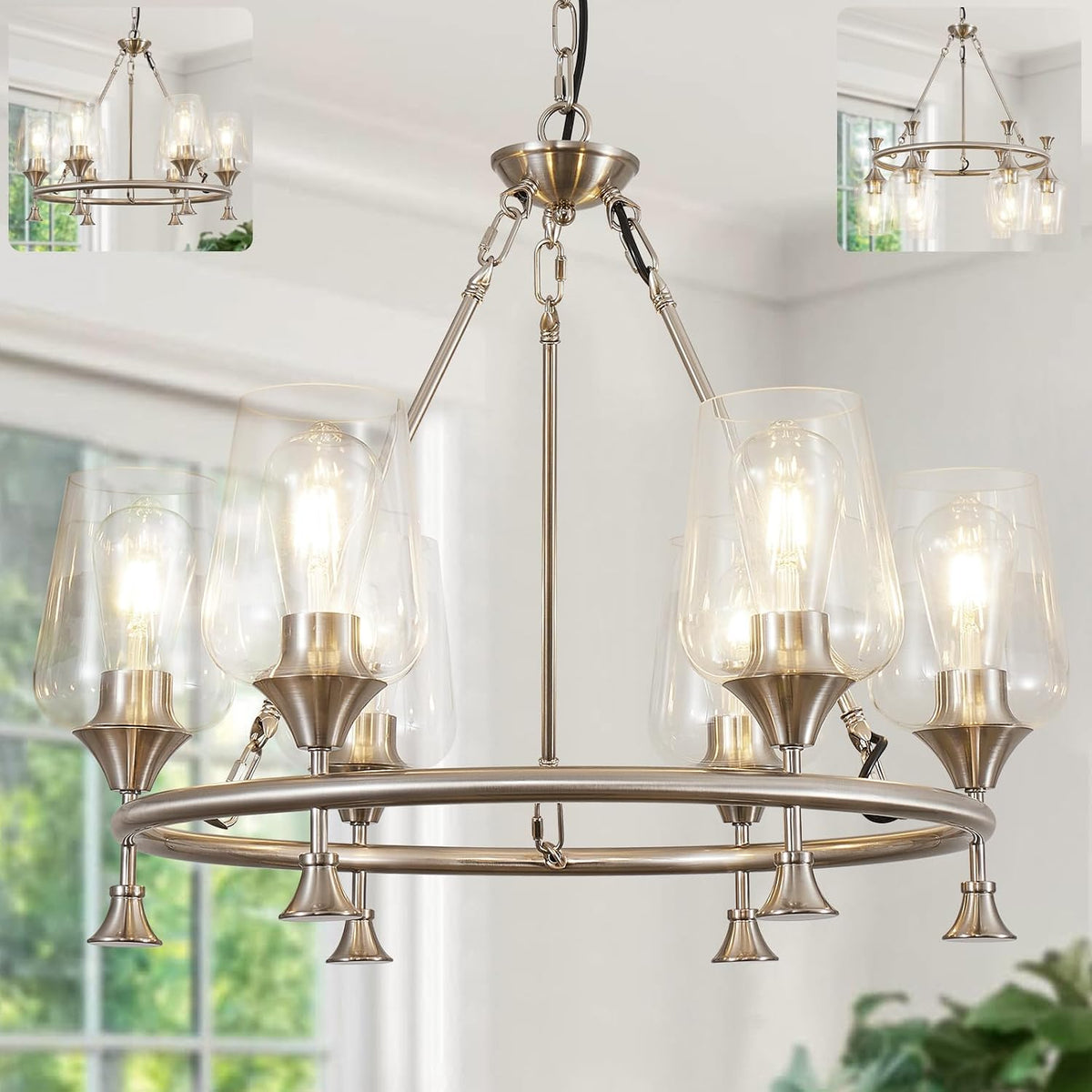Close crop of a brushed nickel chandelier ring showing clear shades and metal candle holders