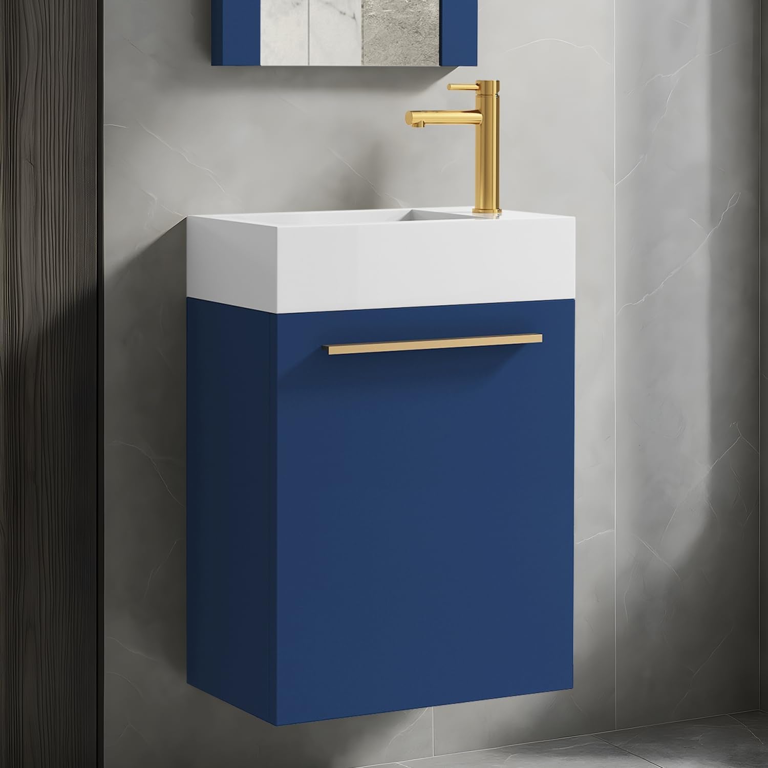 Wall-mounted narrow bathroom vanity with blue cabinet, white rectangular sink, and gold faucet and handle.