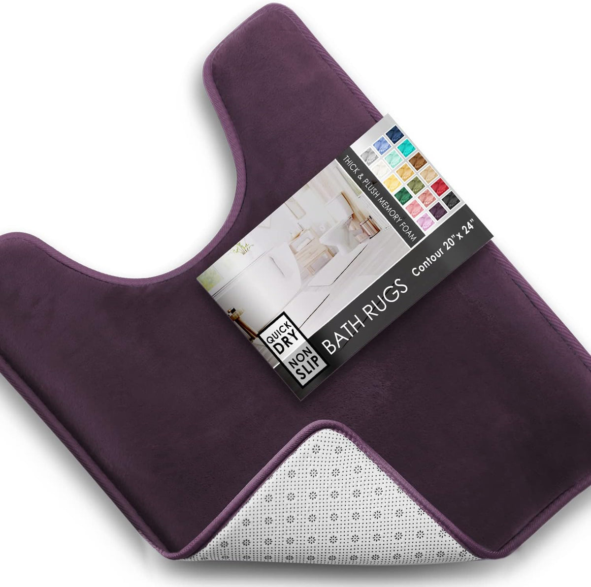 Plum U-shaped contour bath mat with corner flipped to show white dotted non-slip backing and packaging label