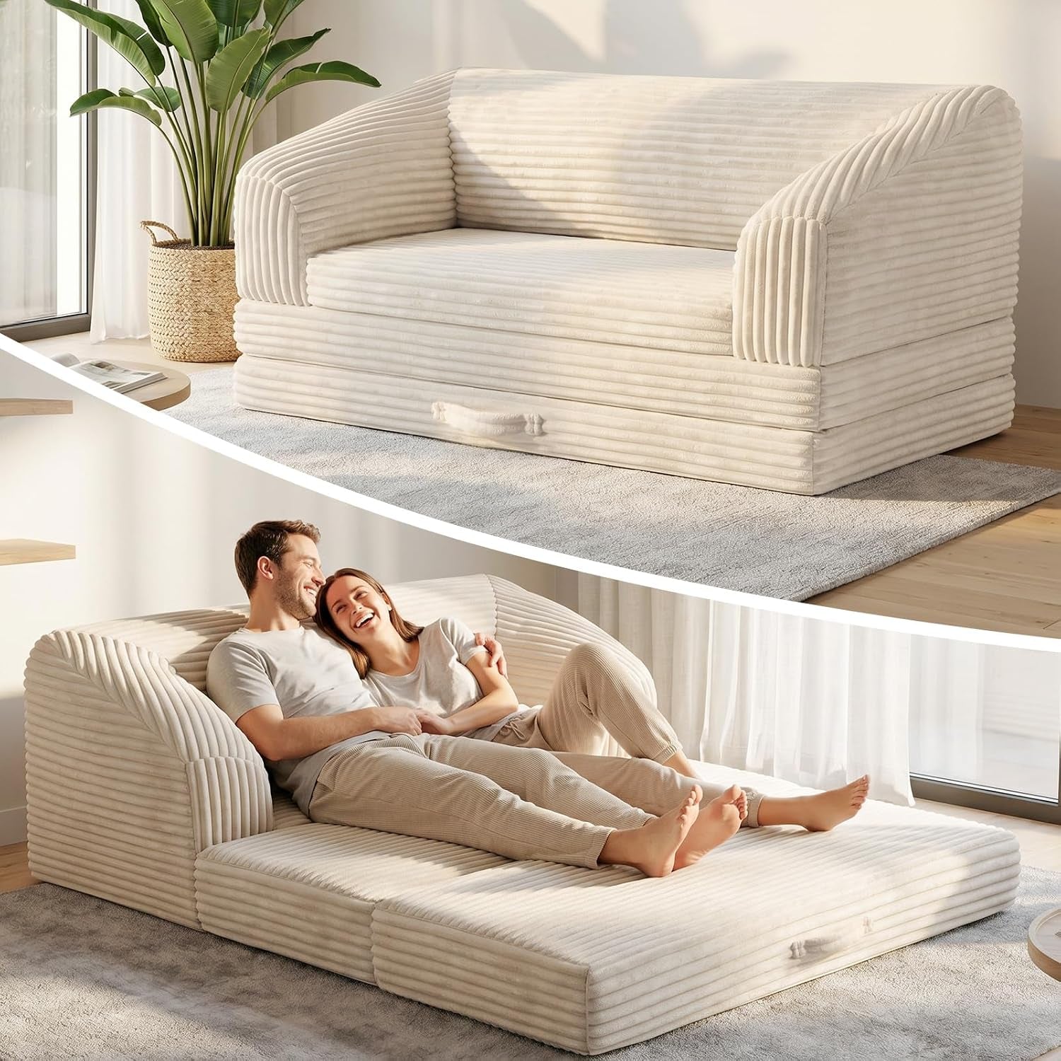 Corduroy light-beige folding sofa displayed as sofa and open bed with couple