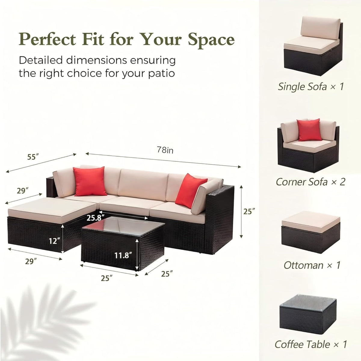Labeled diagram of the 5-piece sectional with dimensional callouts and icons for single, corner, ottoman, and coffee table
