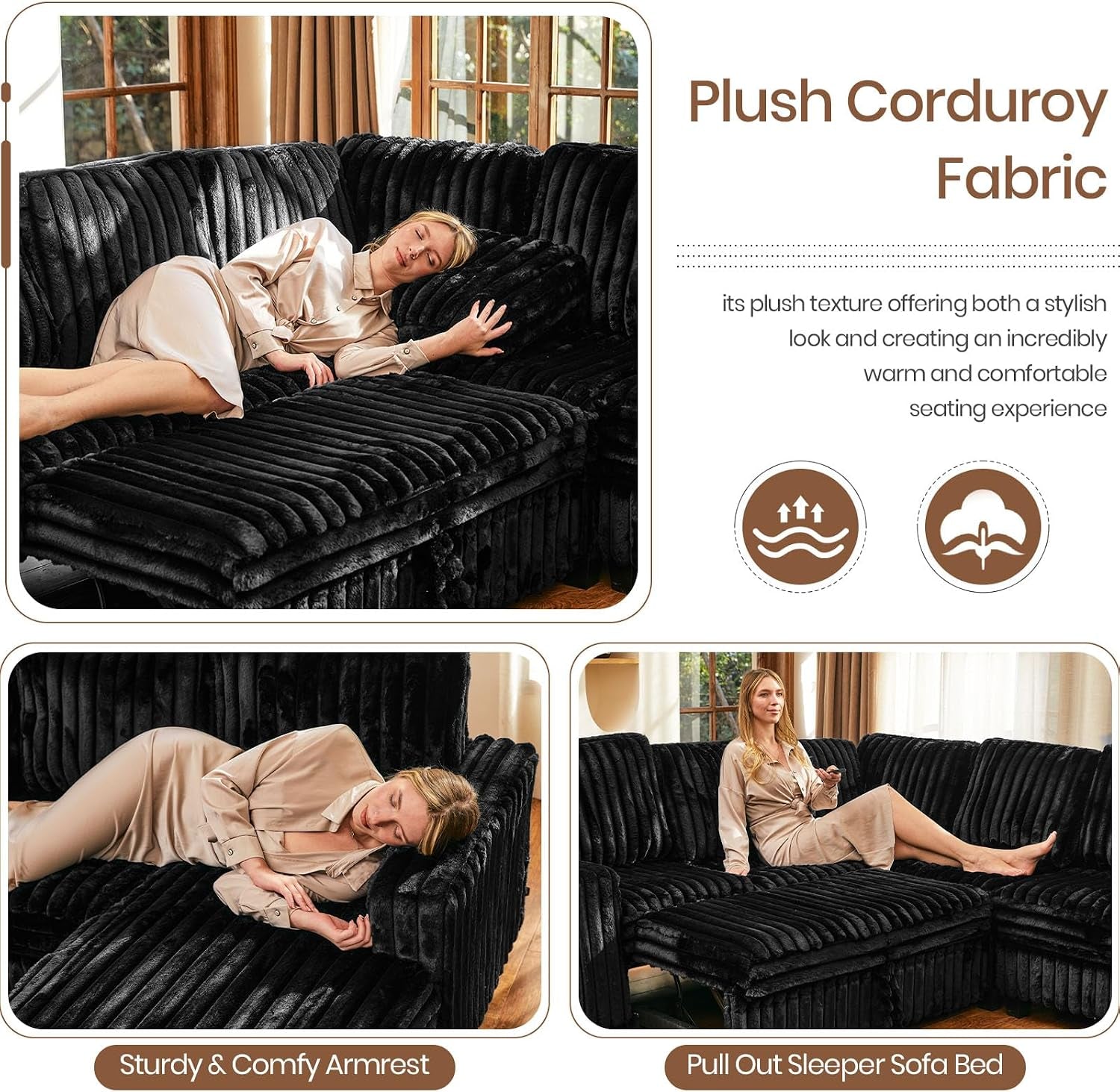 Collage of a person lounging on plush corduroy, close-up of armrest, and pull-out sleeper detail