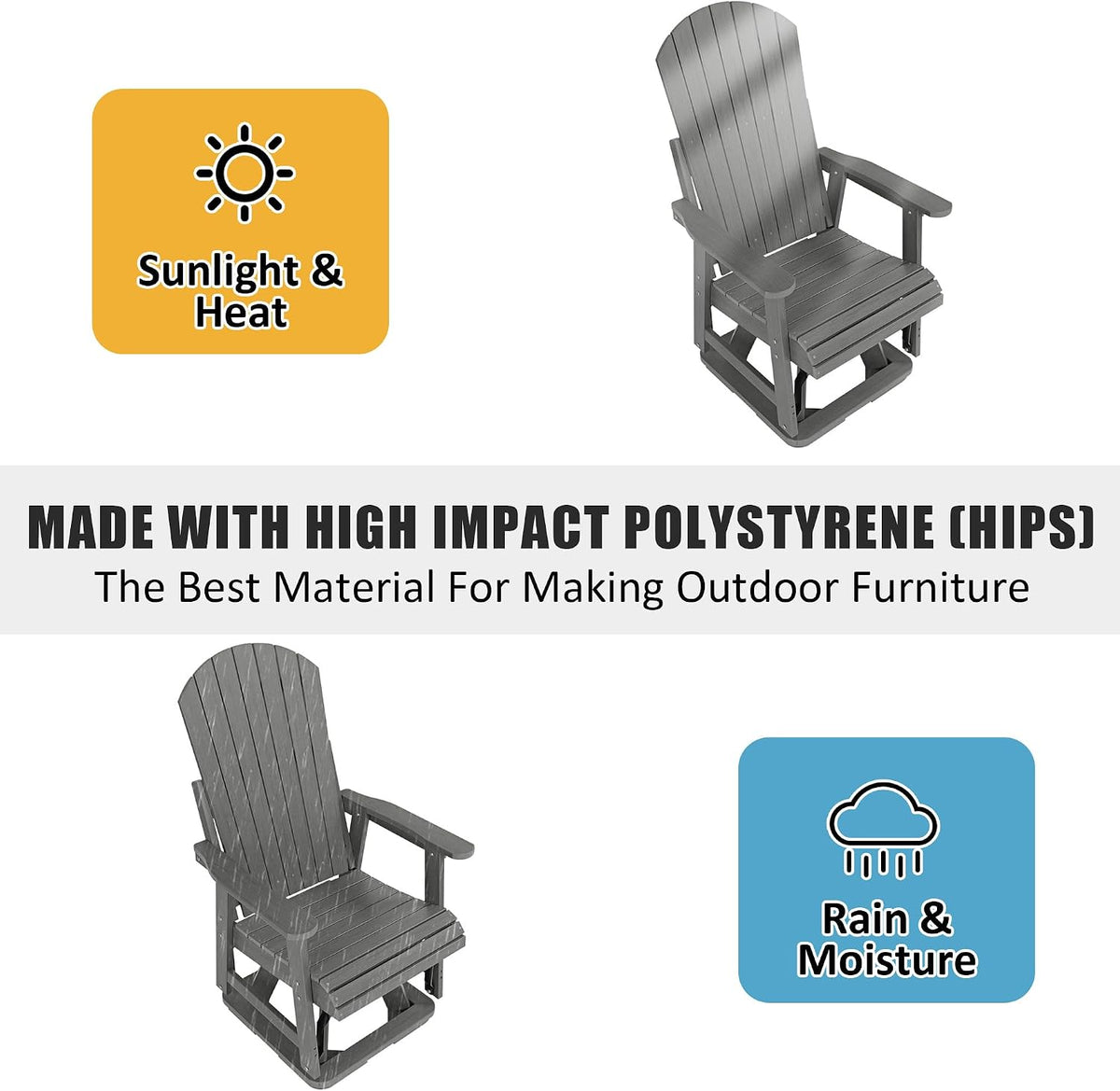 Gray patio glider chair shown with sunlight and rain icons illustrating outdoor suitability