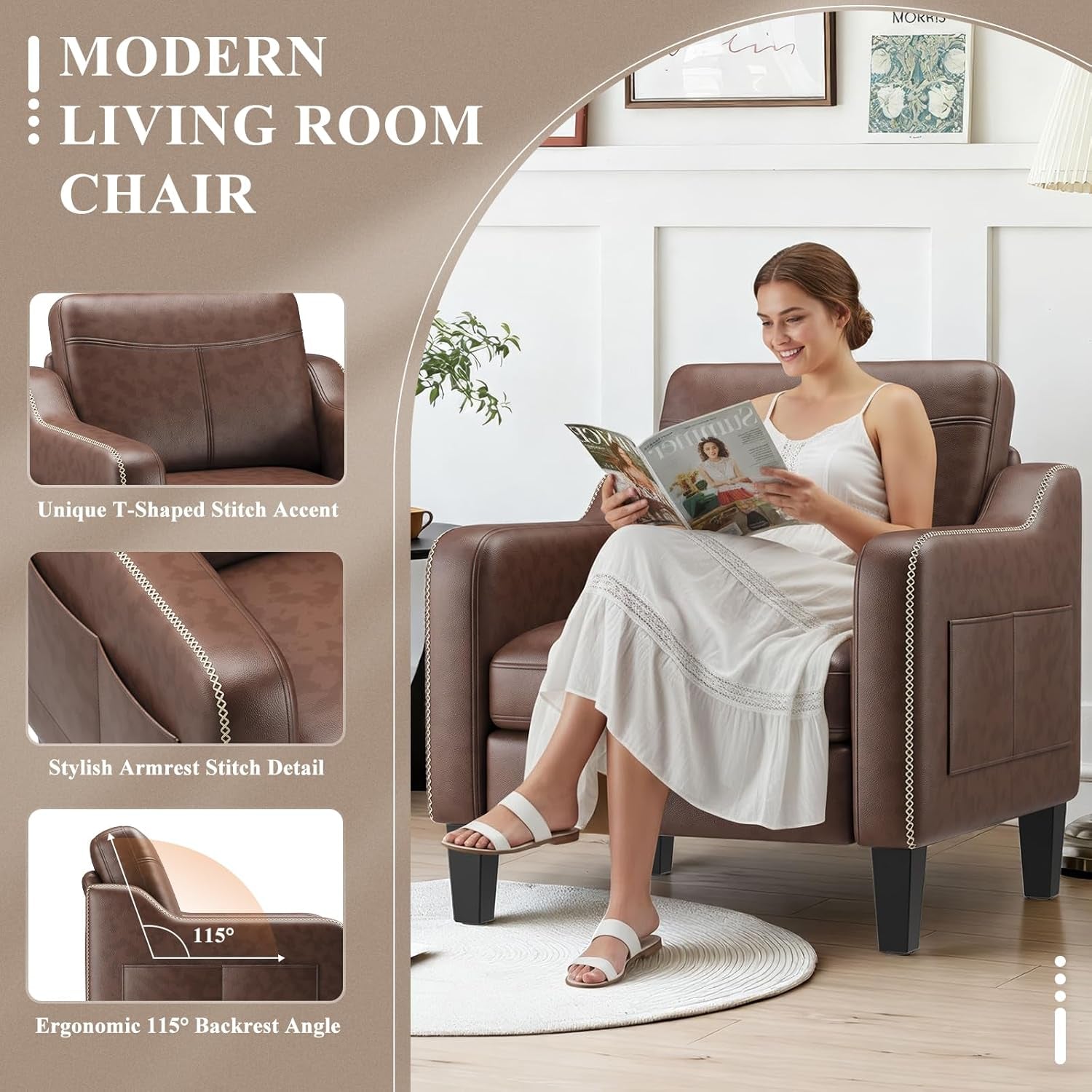 Graphic layout of chair features including T-shaped stitch, armrest detail and 115° backrest angle
