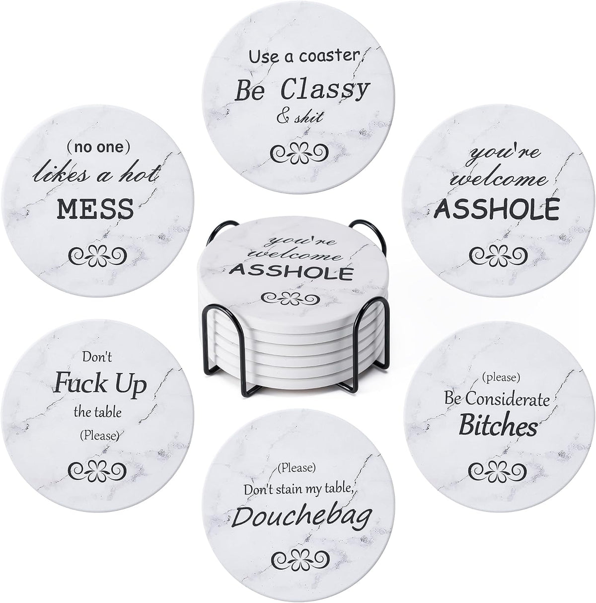 White marble-look coasters displayed around a stacked set, each showing different black printed sarcastic phrases