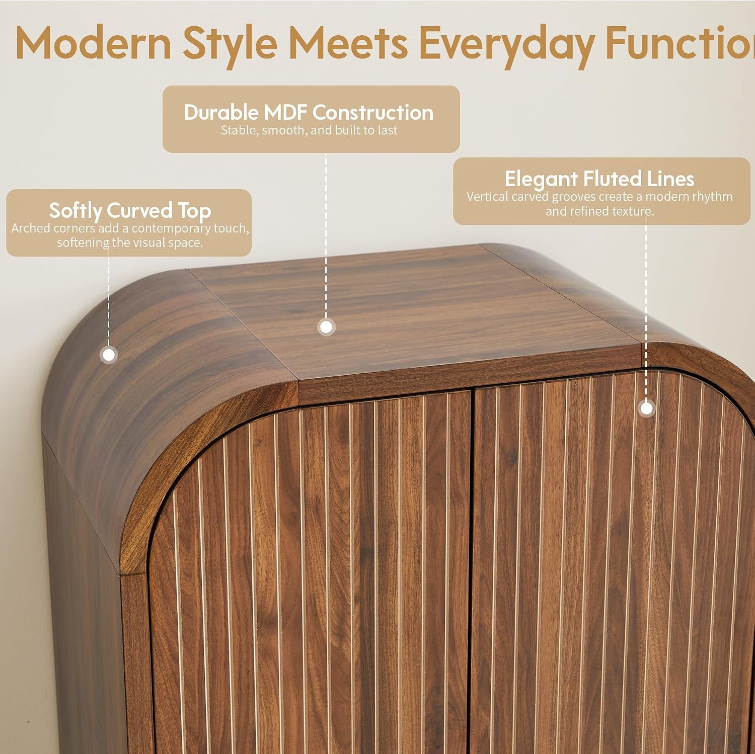 Close-up of the arched top and vertical fluted lines on the cabinet surface highlighting the curved corners