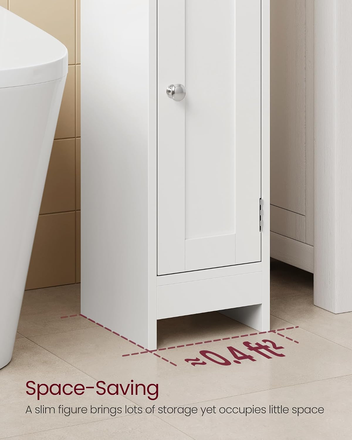 Cropped side view of the cabinet base showing the door, metal knob, and floor gap beneath.