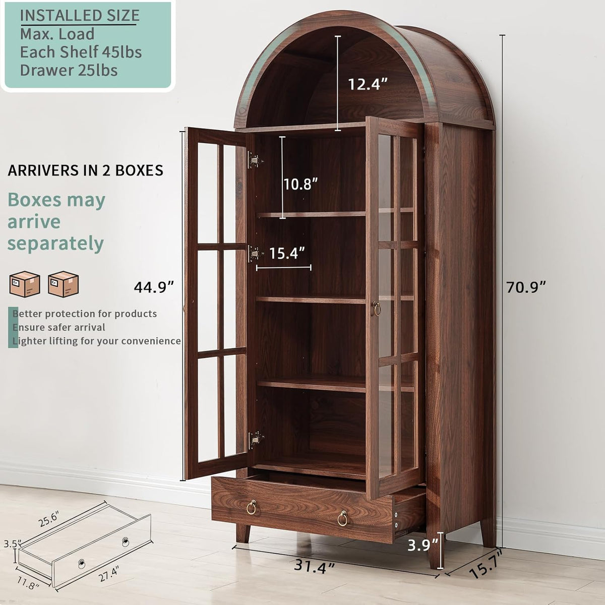 Brown arched cabinet bookshelf shown at an angle with both glass doors open