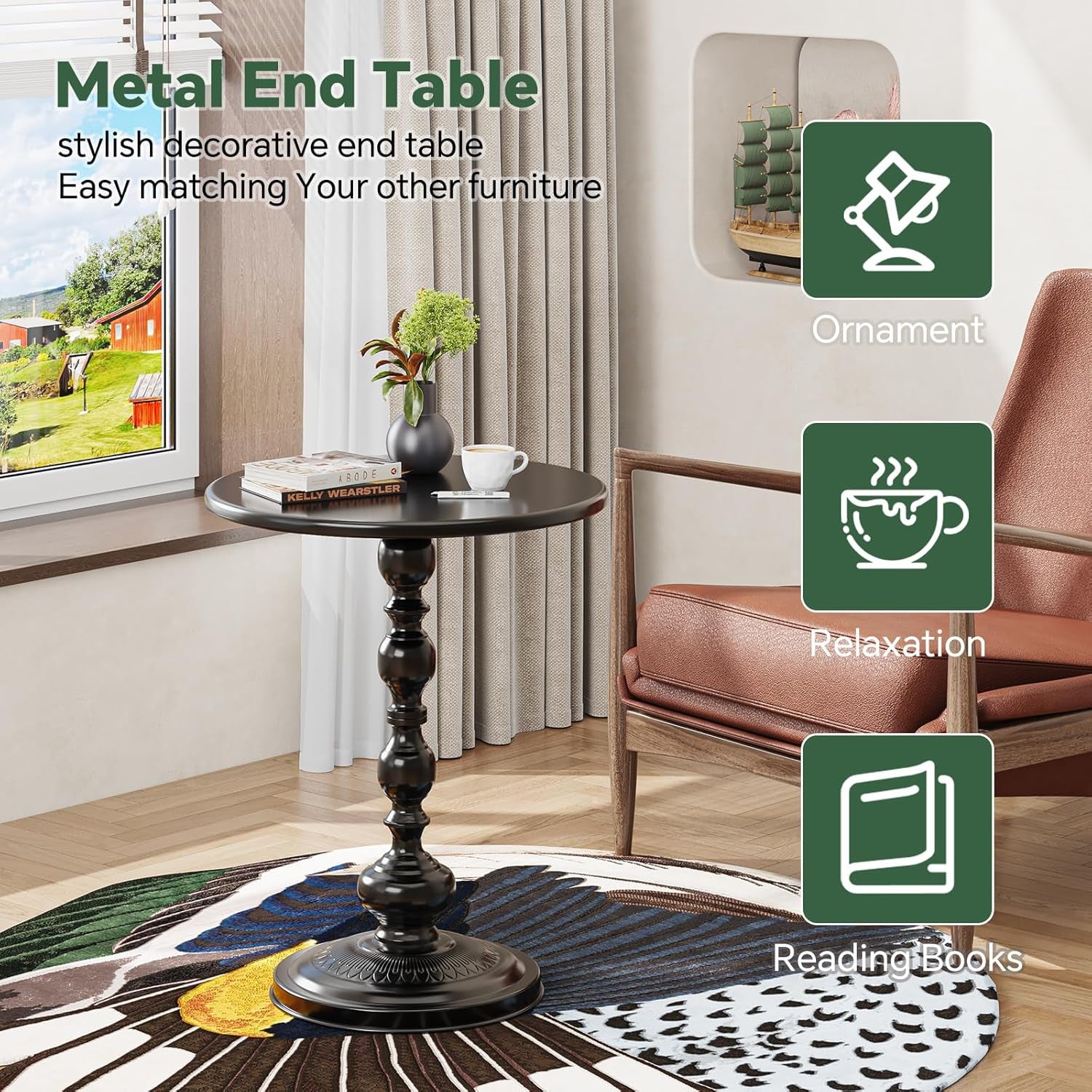Black metal end table shown in a living room corner with chair and decorative items on top