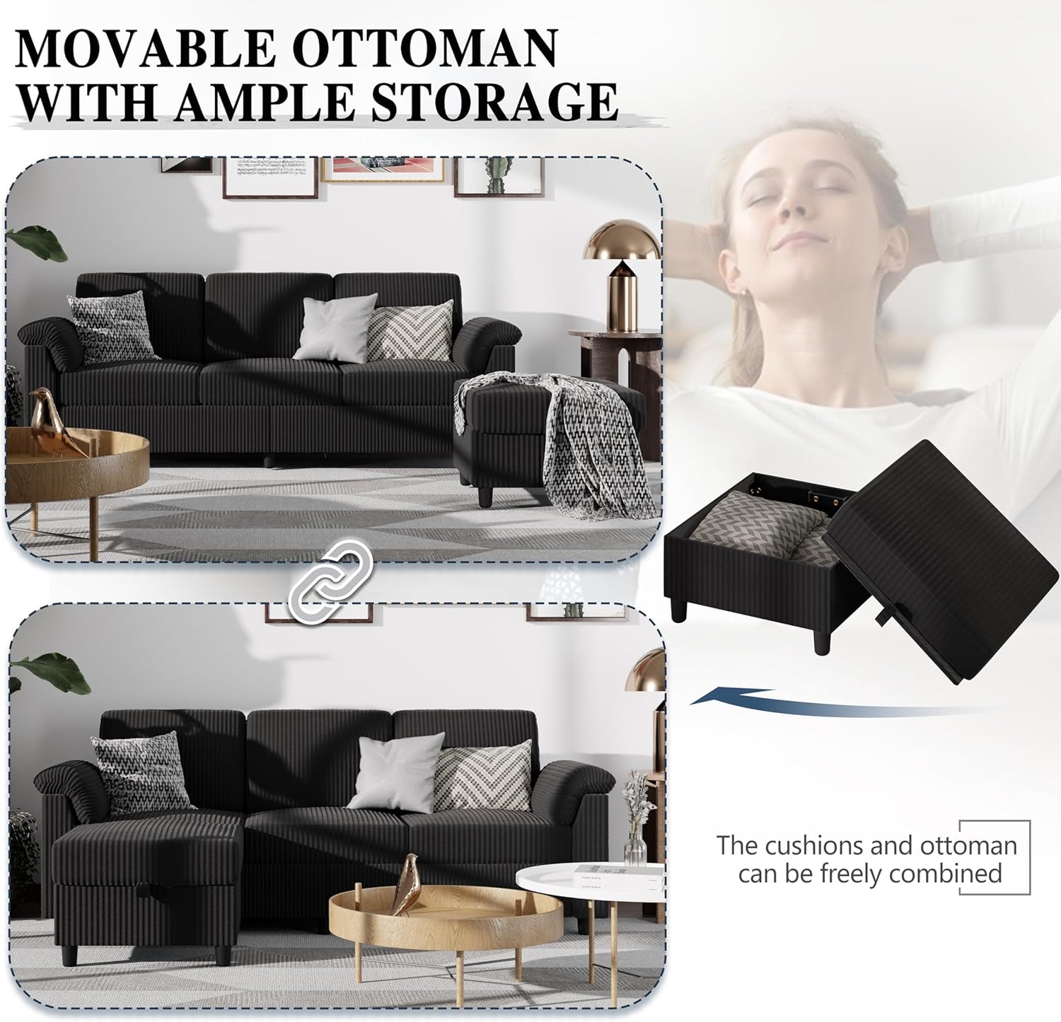 Sectional Couch for Living Room, 79In Sectional Sofa with Ottoman, L Shaped Couch with Armrests Side Storage Pockage, 3-Seat Sofa Couches for Apartment, Black