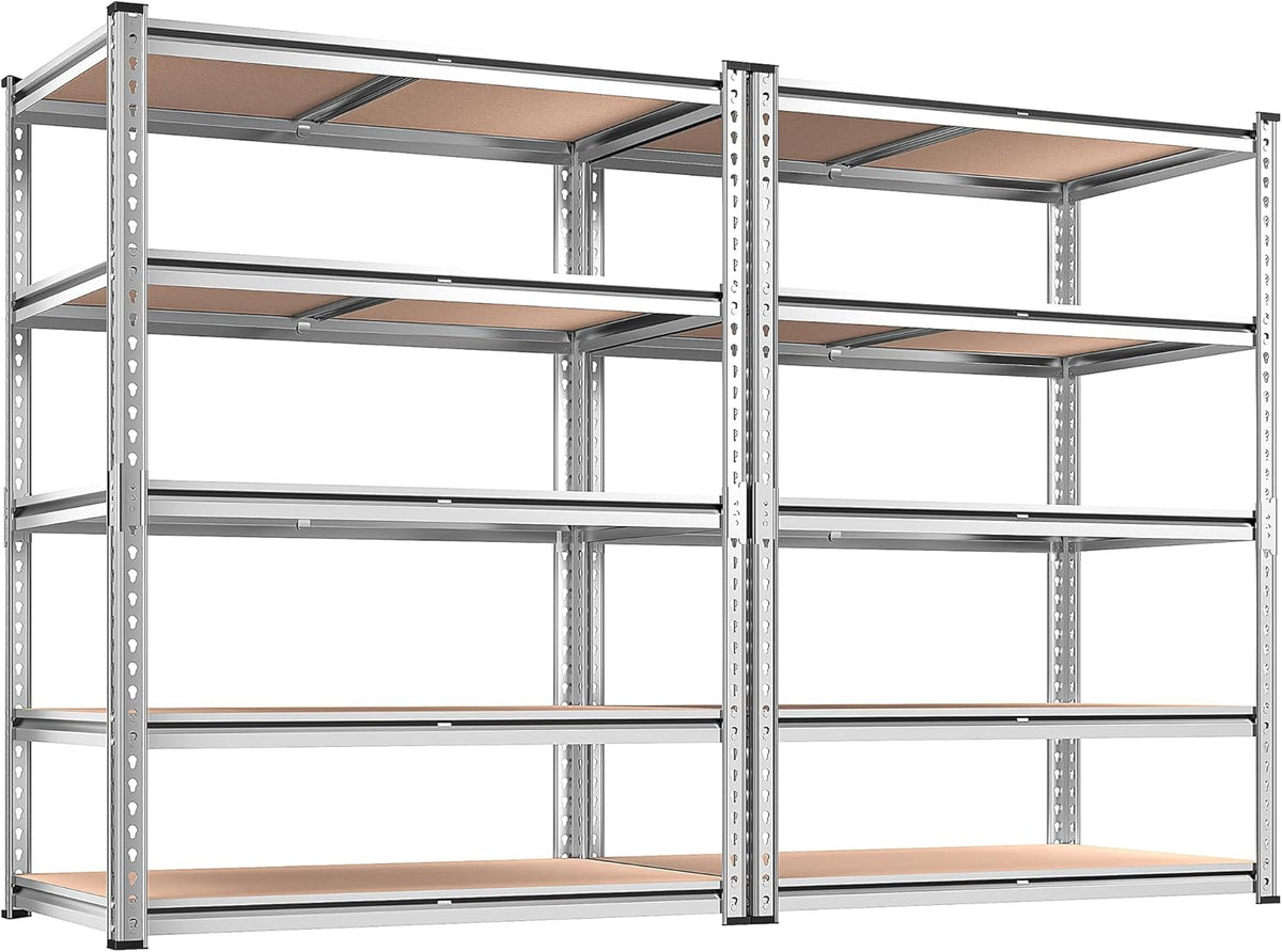 Front-facing view of two silver metal 5-tier shelving units side by side with particleboard shelves.