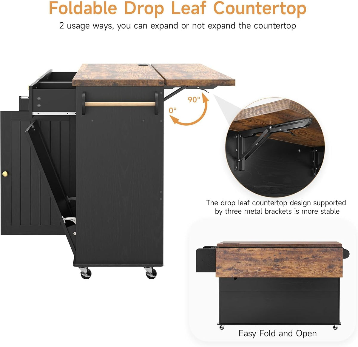 Side view of island with foldable drop leaf raised at 90° showing metal support brackets and side handle