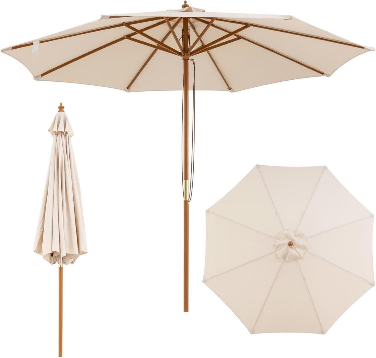 Beige patio umbrella with bamboo-colored pole and rope pulley showing open and folded views