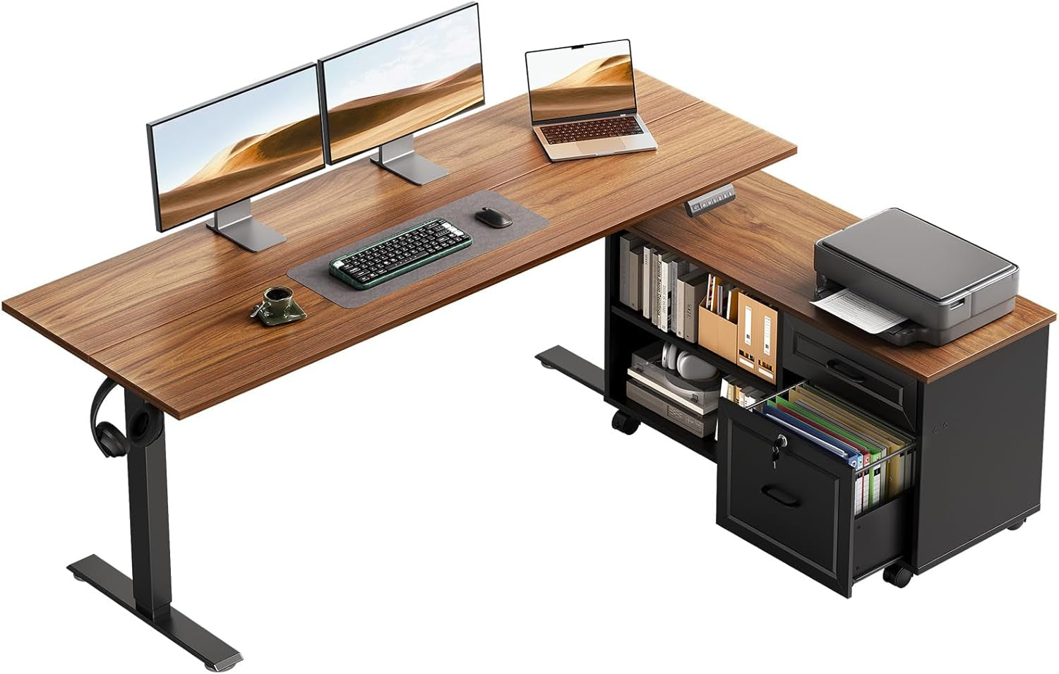 Walnut L-shaped standing desk with black steel legs and a mobile black file cabinet shown at an angled top view