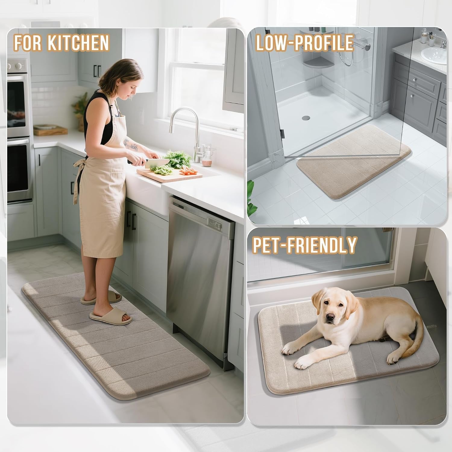 Three scenes showing a long beige kitchen mat, a low-profile mat by a shower, and a dog lying on a small beige mat.