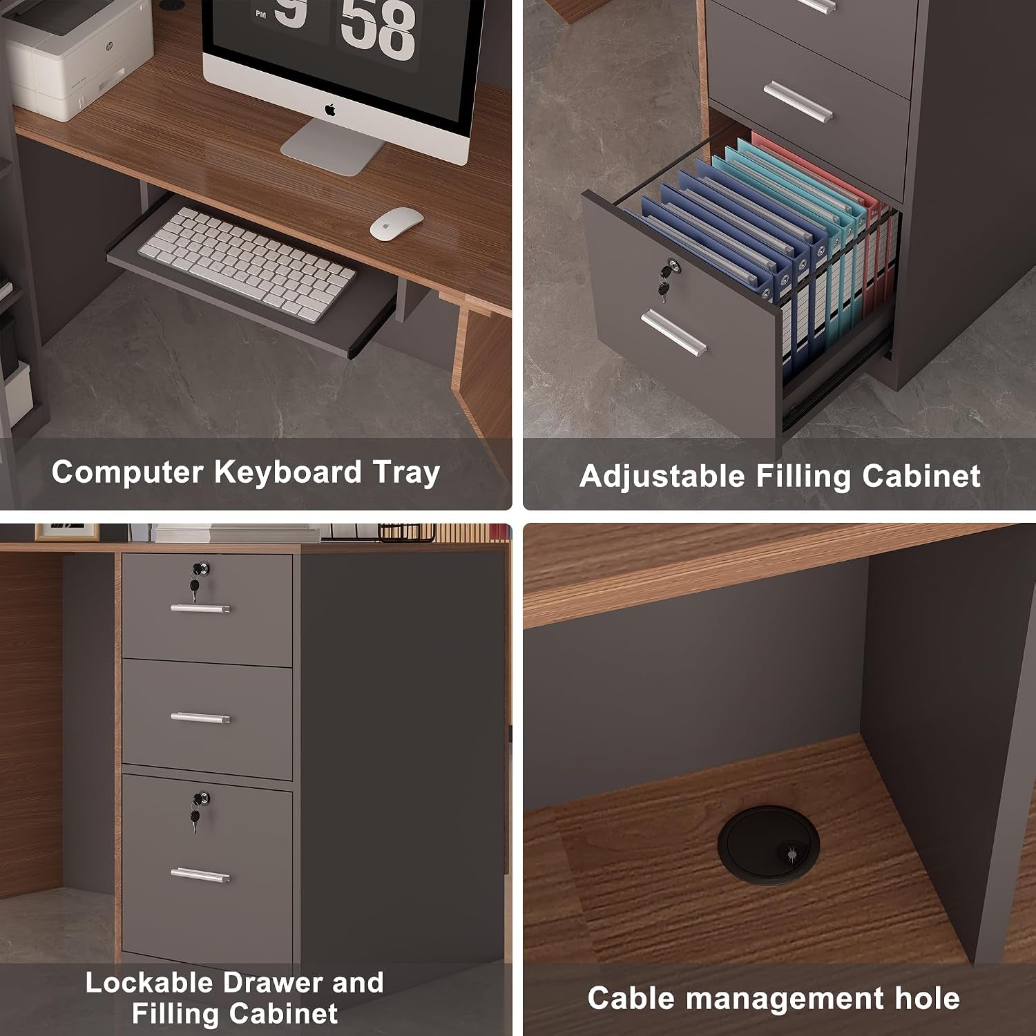 Collage close-ups showing computer keyboard tray, adjustable filing cabinet, lockable drawers and cable grommet