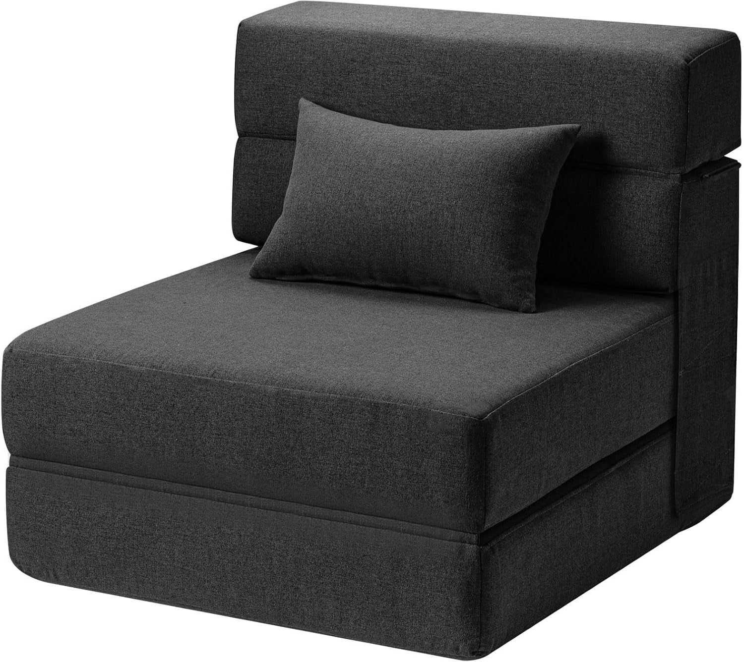 Charcoal single-seat folding sofa chair with matching lumbar pillow, angled view.