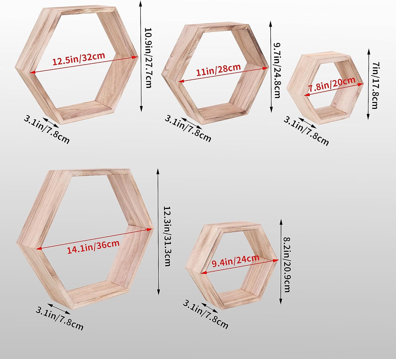 Graphic showing multiple hex shelf sizes with annotated dimension arrows and measurements