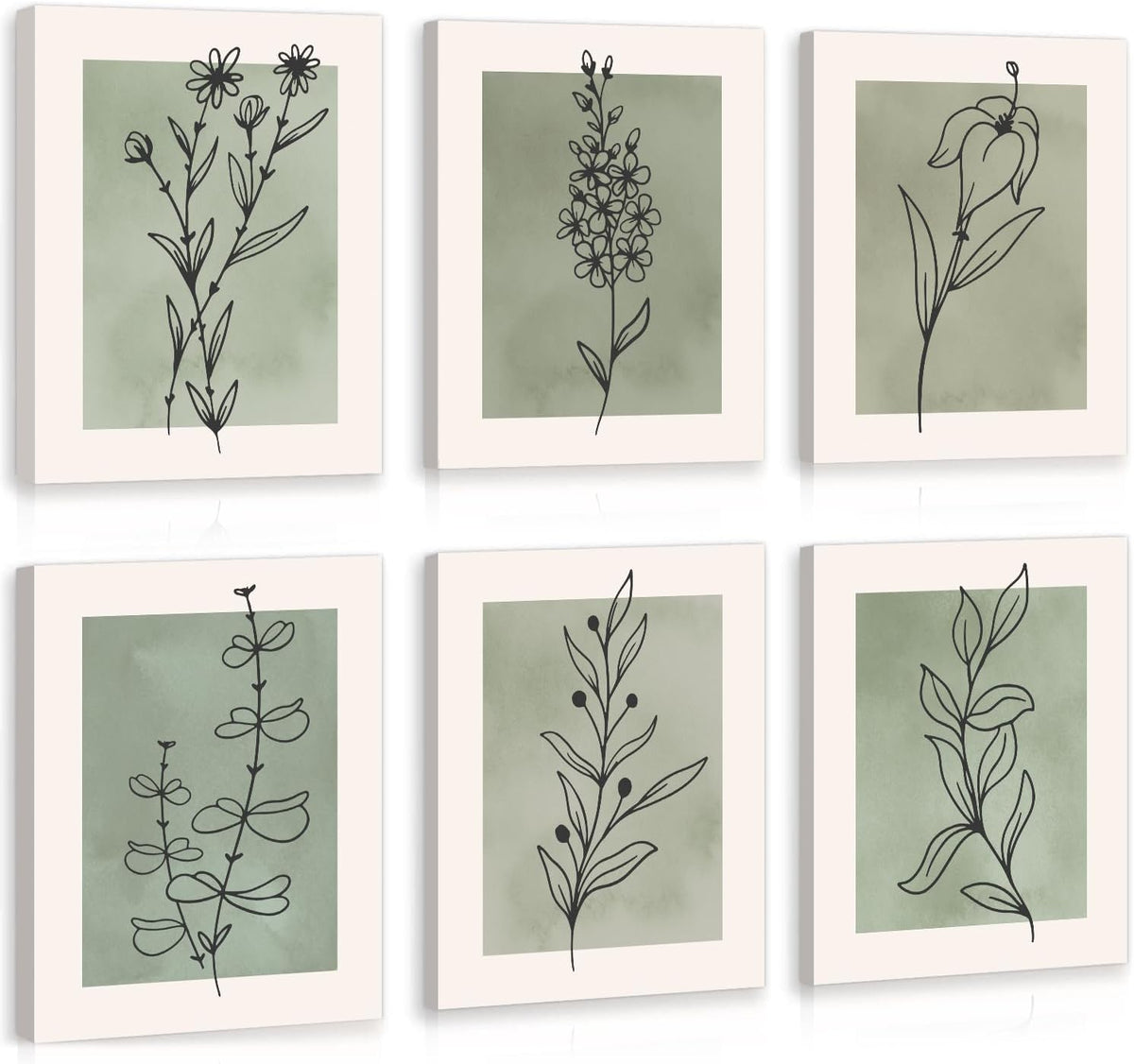 Six minimalist botanical line drawings on green rectangles, each showing a different simple flower or leaf stem.