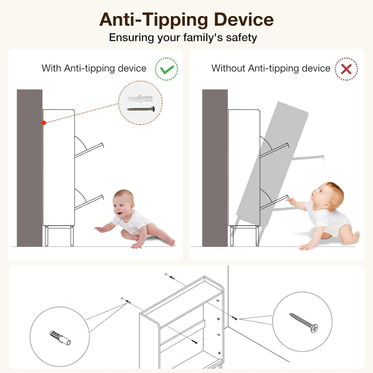 Illustration showing anti-tipping device installation with screws and a baby beside a secured versus unsecured cabinet.