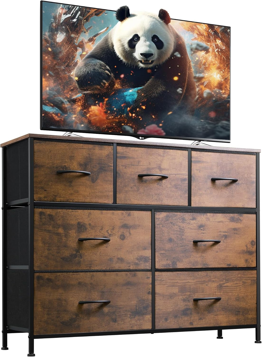 Front view of dresser with warm brown wood-grain drawer fronts and a TV on top