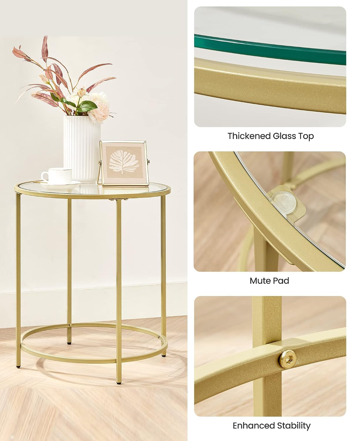 Gold round glass-top side table with vase and framed photo on top, shown in a light room.