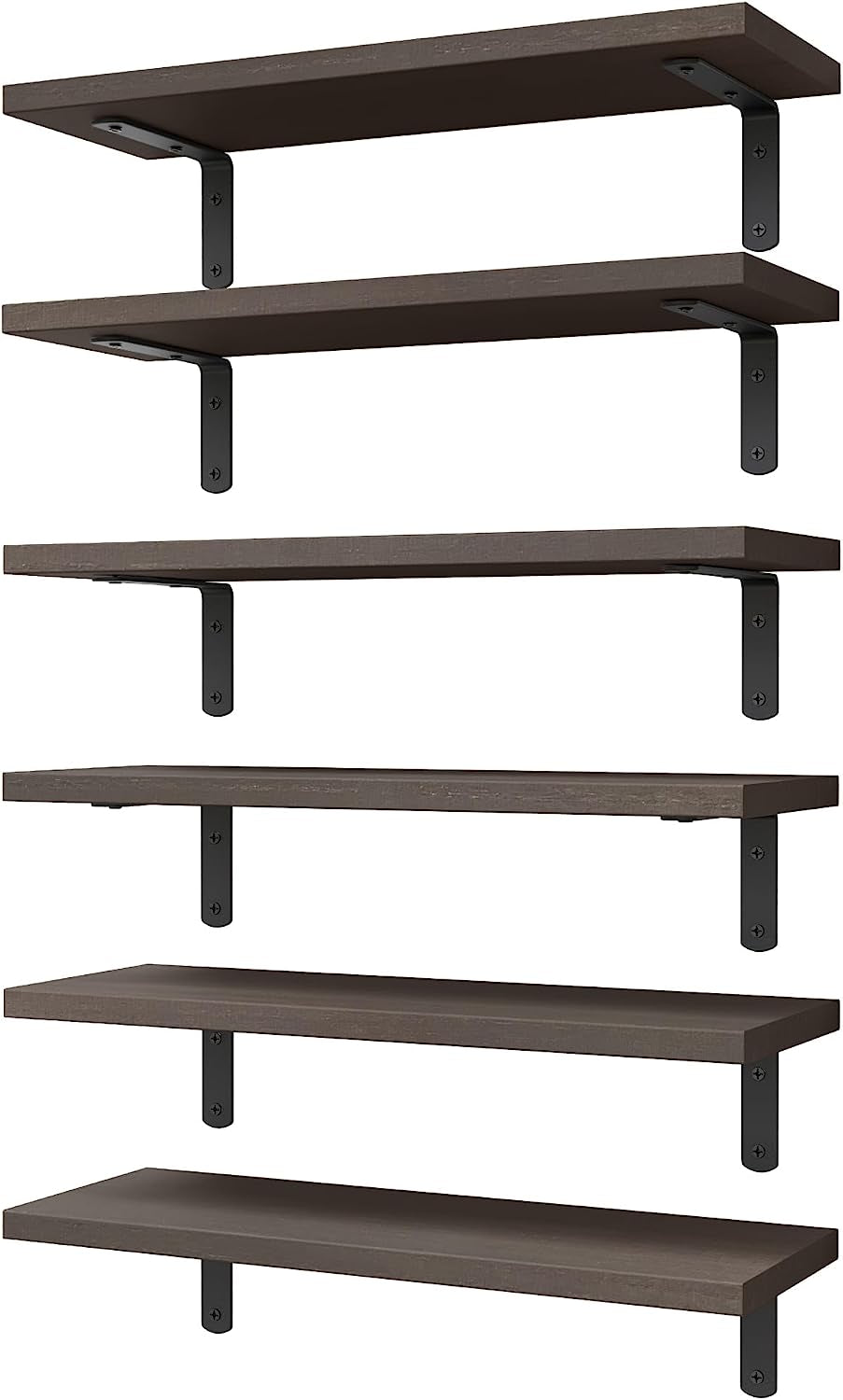 Six individual dark wood shelves with visible black mounting brackets shown against a white background.