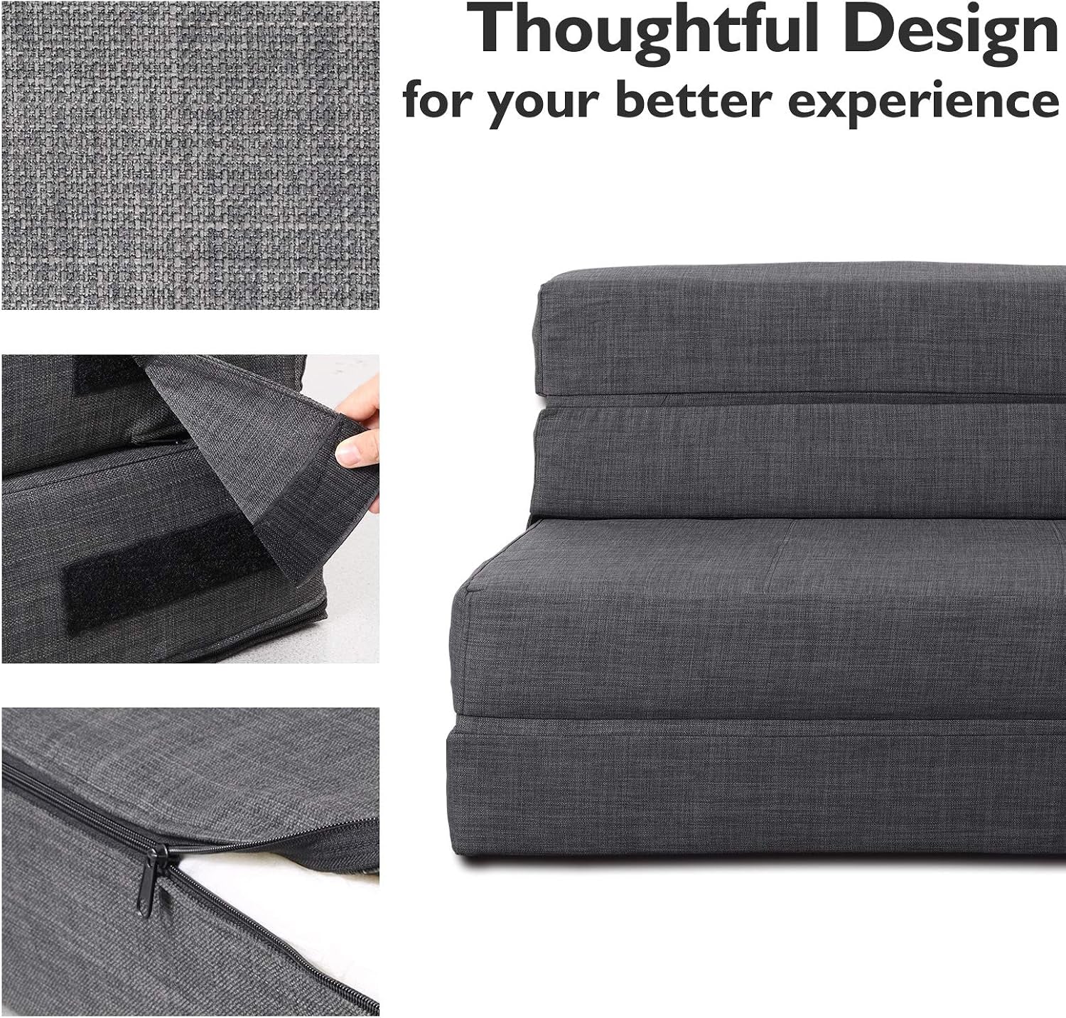 Close-up collage of dark gray woven fabric, zipper and Velcro details, and partial futon side view.