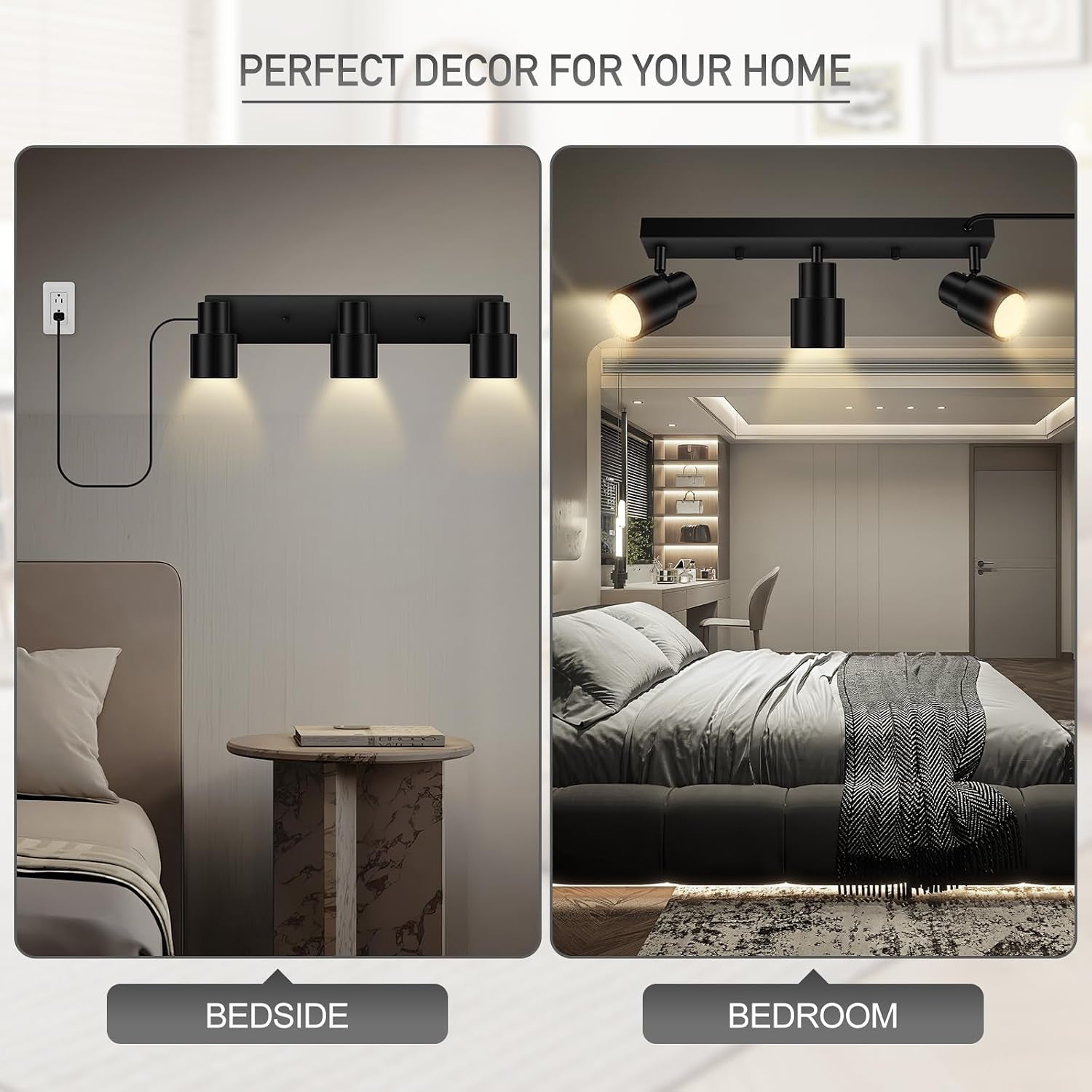Bedroom and bedside installations of black three-light plug-in track lighting in two room views