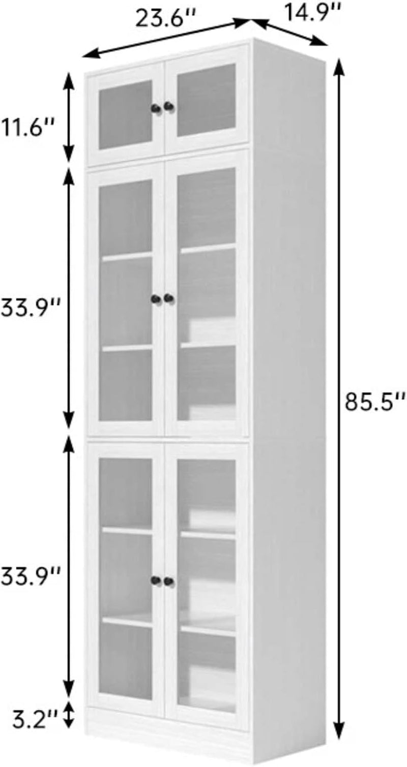 White glass-door bookcase dimension diagram showing height, width and depth
