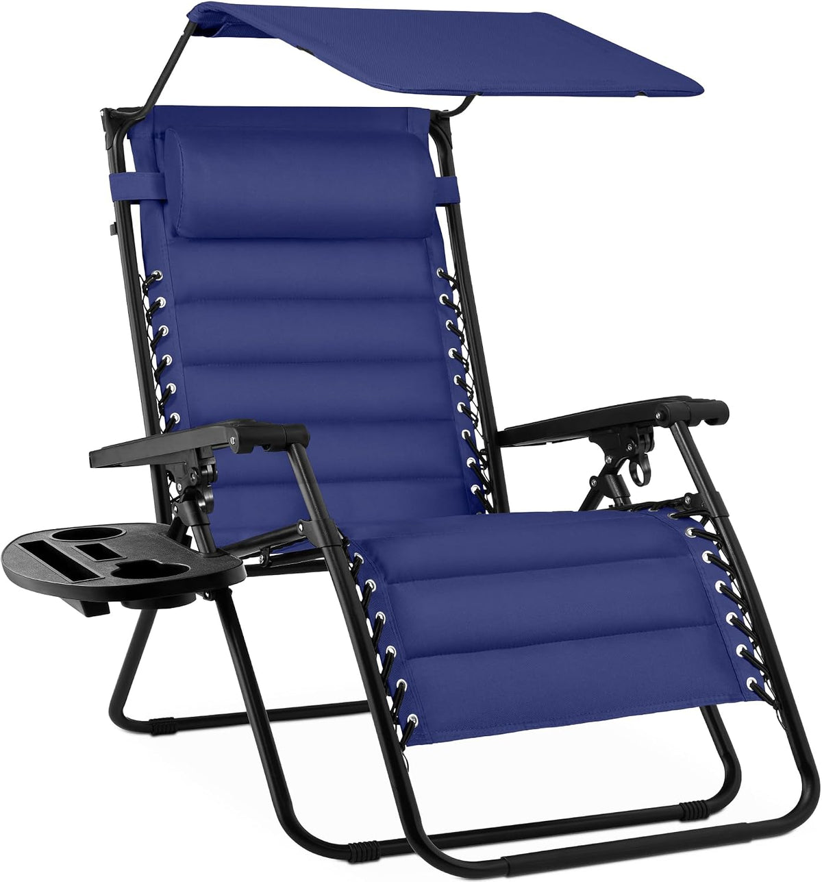 Close three-quarter view of a navy padded zero-gravity recliner with canopy and side tray.