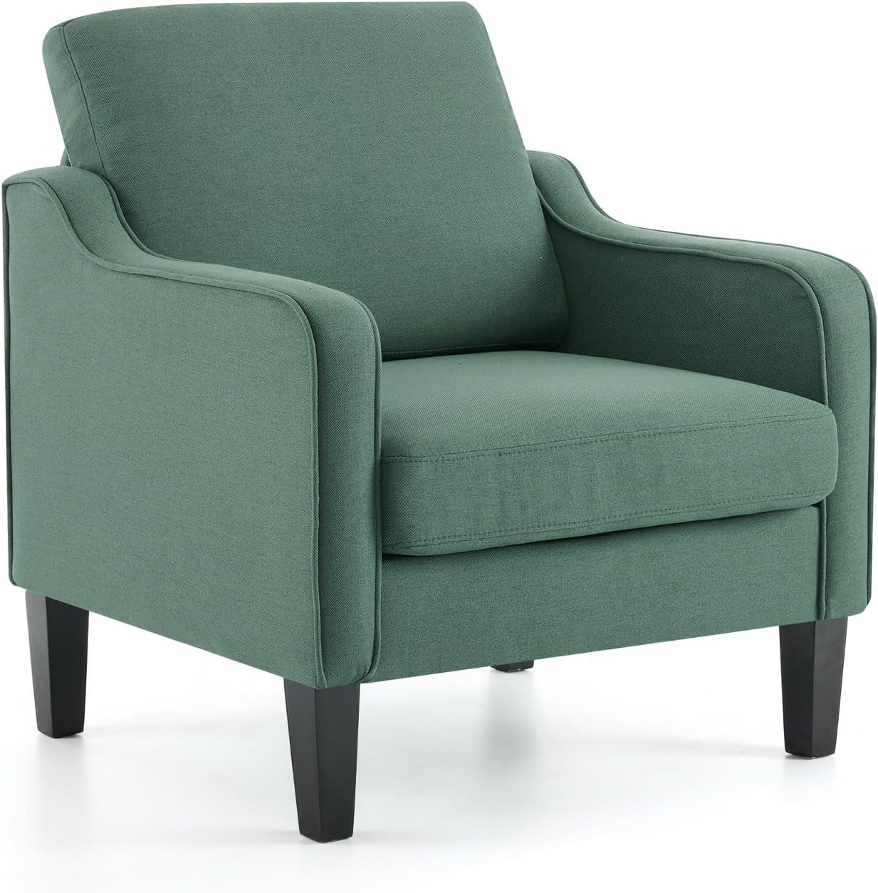 Side-front view of a single green upholstered accent chair with tapered dark wood legs.
